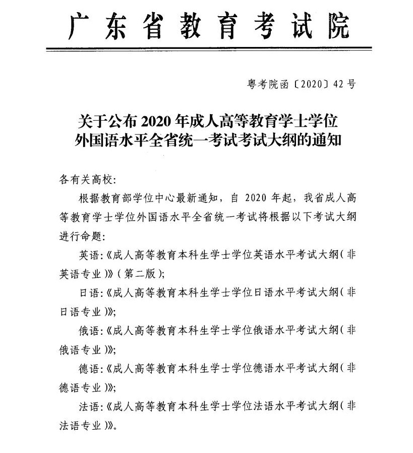 ?關于公布2020年成人高等教育學士學位外國語水平全省統(tǒng)一考試考試大綱的通知